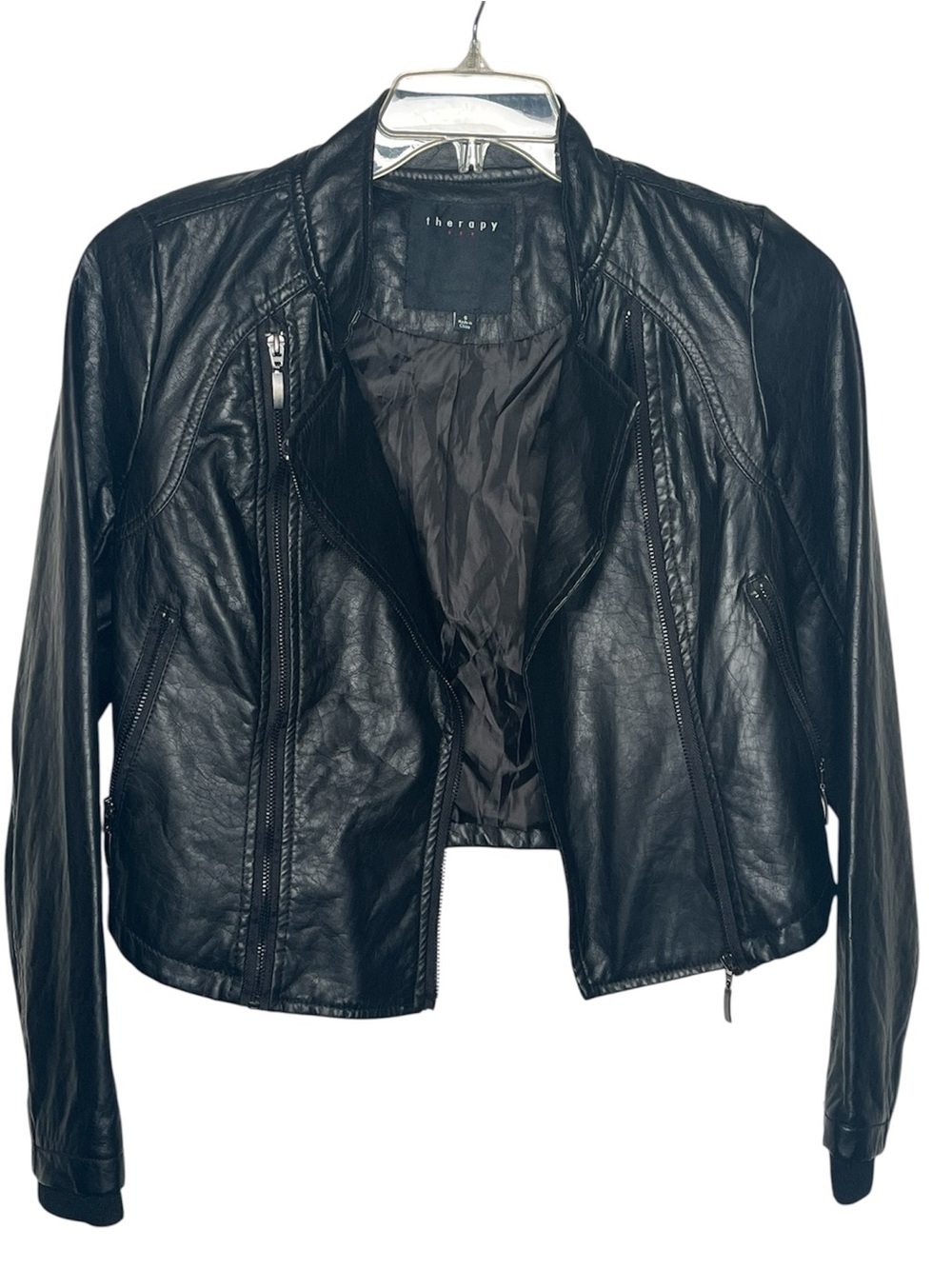 Therapy Black Faux Leather Moto Jacket Sz S Zippers